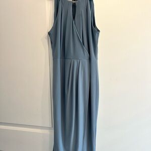 Le Chateau Blue Pleated Sheath Dress V-Neck Midi